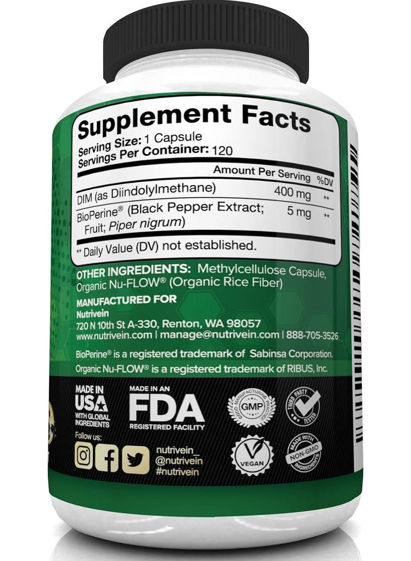 Nutrivein DIM Supplement 400mg Plus Bioperine 120 caps - Image 3